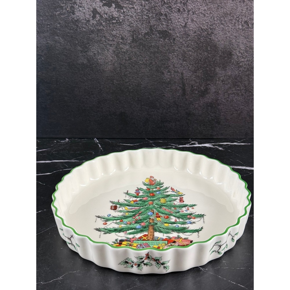 VTG Spode England Christmas Tree 9in Ruffled Fluted Tart Quiche Dish MINT!